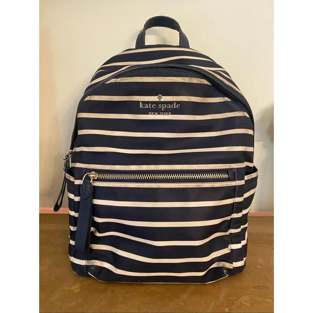 Kate Spade Chelsea navy blue white striped backpack purse medium nylon